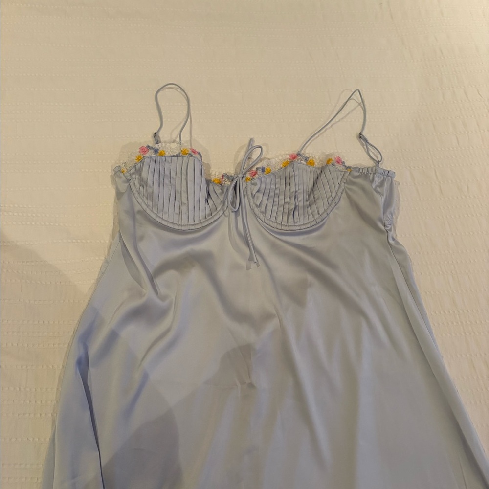 Light Blue Spaghetti Strap Dress with Floral Embroidery